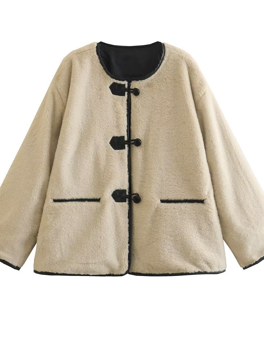 Stilfull Imitationpälsjacka med Rund Hals och Löst Skärning för Kvinnor