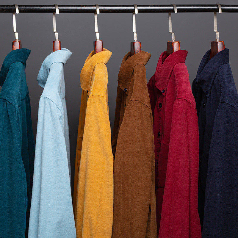 Herrskjorta i bomullscorderoj med långa ärmar, enfärgad, casual business, knappar - STILUNASHOP