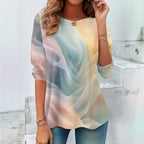 Avslappnad Gradient T-shirt i Bomull och Polyester – Långärmad Rund Halsringning - STILUNA