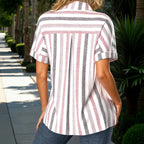 Avslappnad Randig Blus i Bomull och Polyester – Kortärmad med Krage - STILUNA