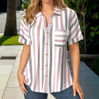 Avslappnad Randig Blus i Bomull och Polyester – Kortärmad med Krage - STILUNA