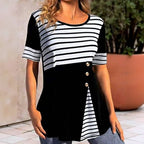 Avslappnad Randig Blus i Bomull och Polyester – Kortärmad med Rund Halsringning - STILUNA