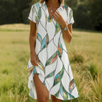 Avslappnad Vintage Klänning Dam i Bomull och Polyester – Kortärmad Knälång Sommarklänning med Krage - STILUNA