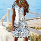 Avslappnad Vintage Klänning i Bomull och Polyester – Kortärmad V - Ringning - STILUNA