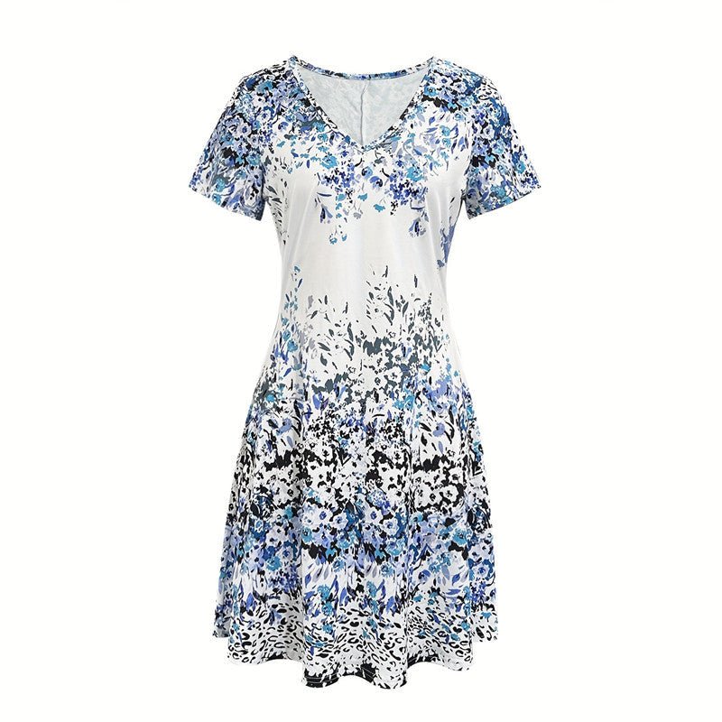 Avslappnad Vintage Klänning i Bomull och Polyester – Kortärmad V - Ringning - STILUNA