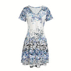 Avslappnad Vintage Klänning i Bomull och Polyester – Kortärmad V - Ringning - STILUNA