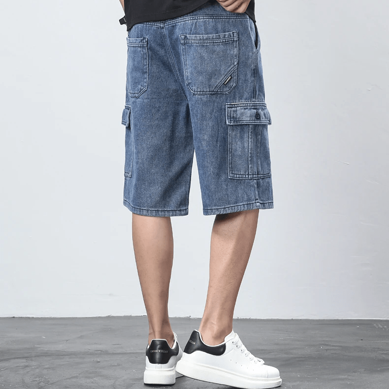 Bermuda Cargo Denim Shorts i Vintage Blå och Kolgrå med Elastisk Midja - STILUNA