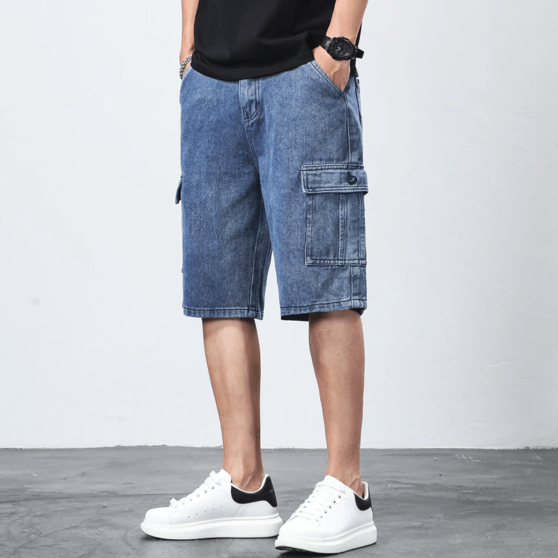 Bermuda Cargo Denim Shorts i Vintage Blå och Kolgrå med Elastisk Midja - STILUNA