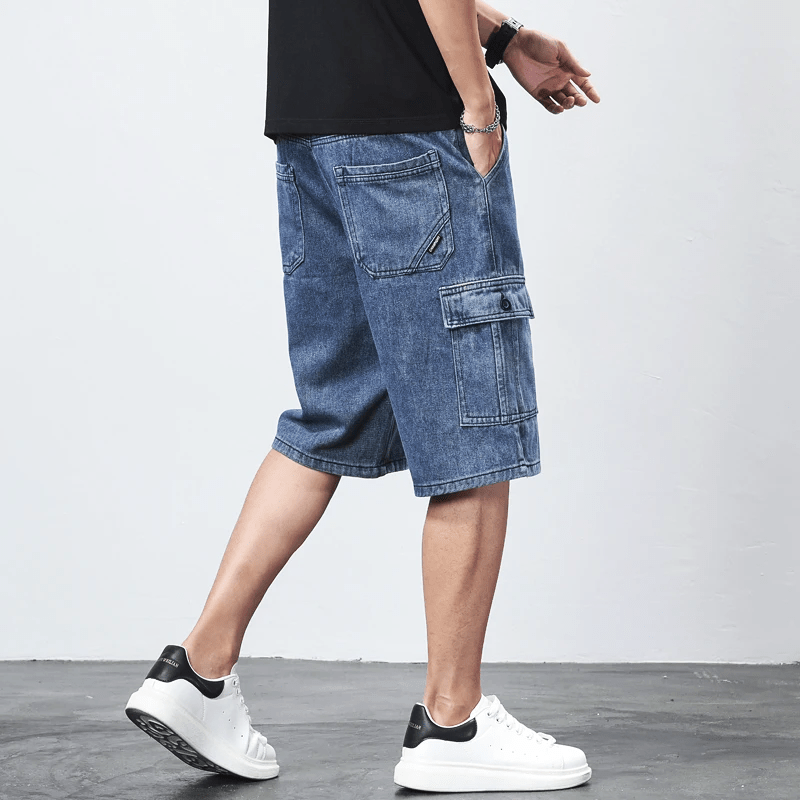 Bermuda Cargo Denim Shorts i Vintage Blå och Kolgrå med Elastisk Midja - STILUNA