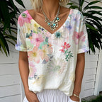 Blommig T-shirt i Bomull och Polyester med V - ringning – Kortärmad för Vår och Sommar - STILUNA