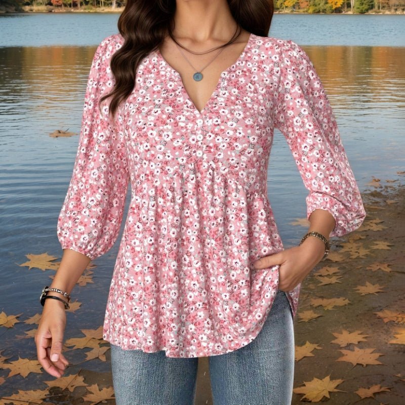 Blommönstrad Blus i Bomull och Polyester för Dam – Trekvartsärm och V - ringning - STILUNA