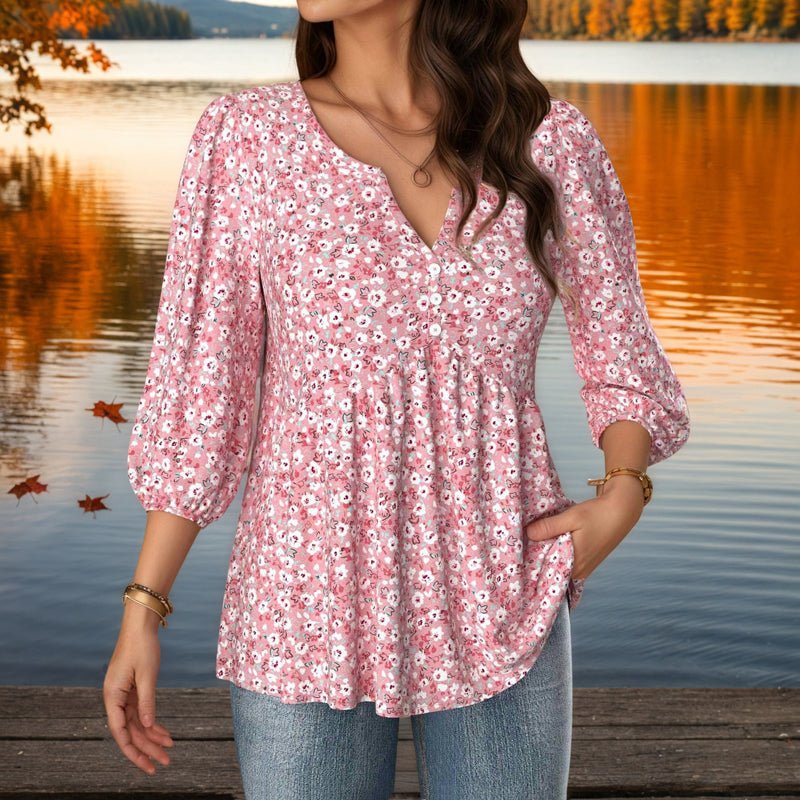 Blommönstrad Blus i Bomull och Polyester för Dam – Trekvartsärm och V - ringning - STILUNA