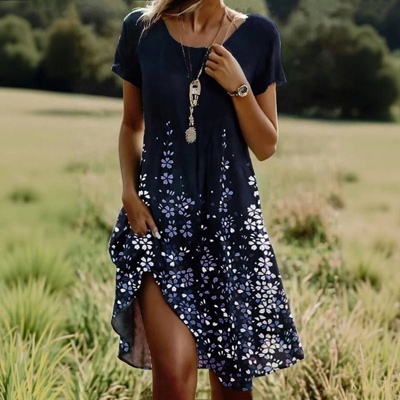 Blommönstrad Klänning i Bomullspolyesterblandning – Kortsleeve Knälängd Klänning - STILUNA