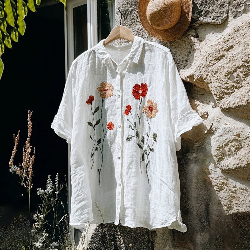 Blommönstrad Kortärmad Blus i Bomull och Polyester för Vår och Sommar - STILUNA