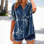 Blommönstrad Vintage Blus i Bomull och Polyester – Kortärmad V - Ringning för Vår och Sommar - STILUNA