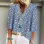 Blommönstrad Vintage Blus i Bomull och Polyester med Trekvartsärm – V - Ringning för Vår och Sommar Blusar Dam - STILUNA
