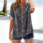 Blommönstrad Vintageblus i Bomullspolyester – Kort Ärmar och V - Ringning - STILUNA