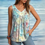 Blommönstrat Linne i Bomull och Polyester – Ärmlöst V - Ringad Top för Vår och Sommar - STILUNA