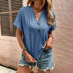 Blus i Bomullspolyester med Korta Ärmar och V - ringning för Dam - Enfärgad Casual Blus för Vår och Sommar - STILUNA