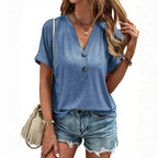 Blus i Bomullspolyester med Korta Ärmar och V - ringning för Dam - Enfärgad Casual Blus för Vår och Sommar - STILUNA