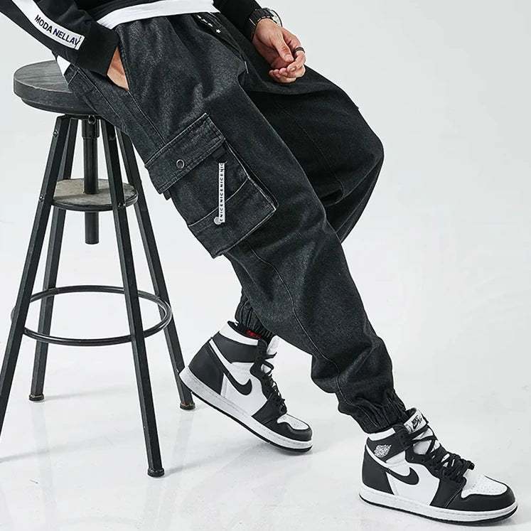 Cargo Jogger Jeans i Denim med Elastisk Midja och Taperad Passform - STILUNA