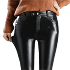 Dam Byxor Svart PU Läder Fleecefoder Hög Midja Smal Passform - STILUNA