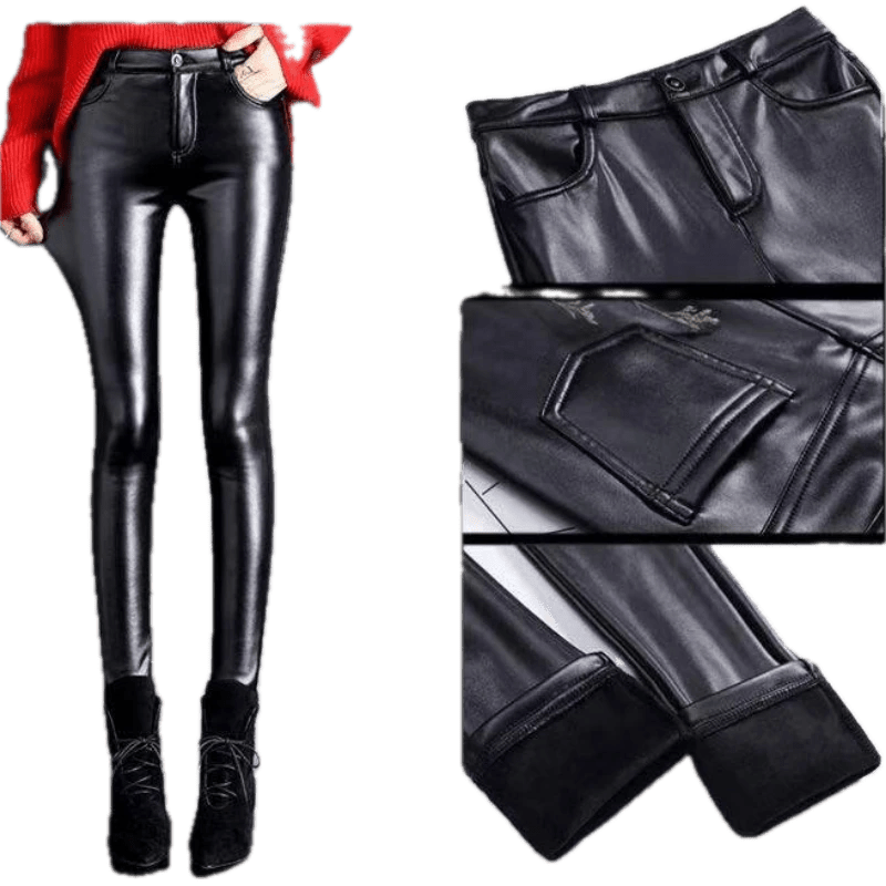 Dam Byxor Svart PU Läder Fleecefoder Hög Midja Smal Passform - STILUNA