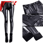 Dam Byxor Svart PU Läder Fleecefoder Hög Midja Smal Passform - STILUNA
