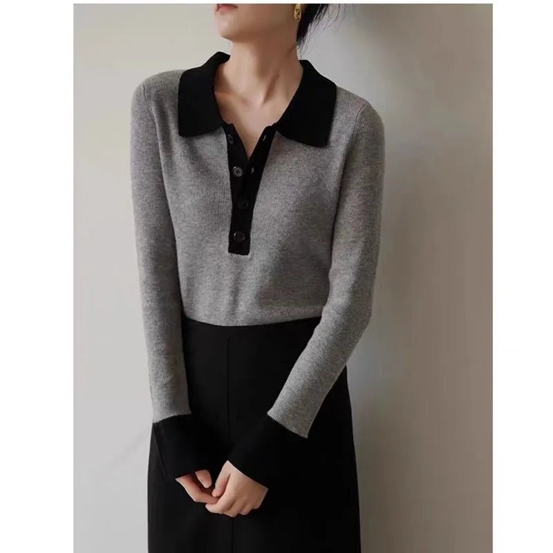 Dam Tröja Grå Cashmere Polo Krage - STILUNA