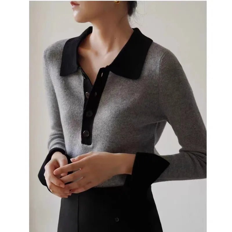 Dam Tröja Grå Cashmere Polo Krage - STILUNA