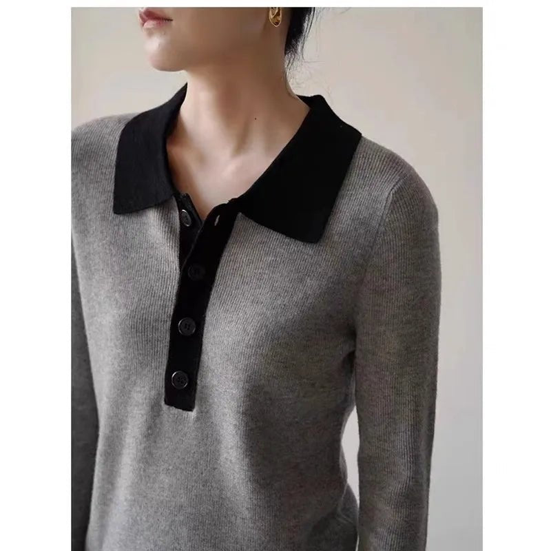 Dam Tröja Grå Cashmere Polo Krage - STILUNA