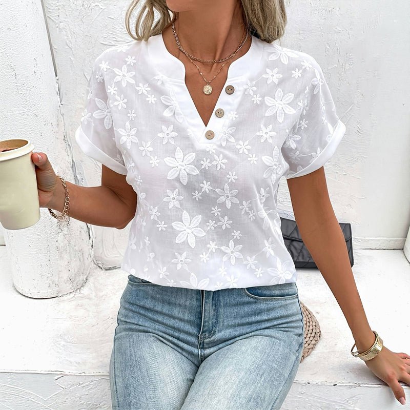 Elegant Blommig Broderad Blus i Bomull och Polyester för Vår och Sommar - STILUNA