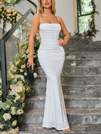 Elegant Klänningar För Kvinnor Mandelfärgad Korsett Maxi Klänning Draperad Kvälls Klänning Fest Klänning Bodycon Sexig Rygglös Klänning Med Fiskben - STILUNA