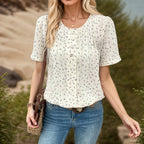 Elegant Vit Blus i Bomull och Polyester med Knappar – Kortärmad Rund Halsringning för Dam - STILUNA