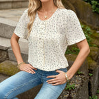 Elegant Vit Blus i Bomull och Polyester med Knappar – Kortärmad Rund Halsringning för Dam - STILUNA