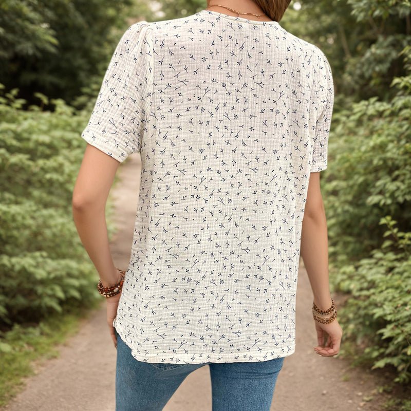 Elegant Vit Blus i Bomull och Polyester med Knappar – Kortärmad Rund Halsringning för Dam - STILUNA