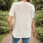 Elegant Vit Blus i Bomull och Polyester med Knappar – Kortärmad Rund Halsringning för Dam - STILUNA