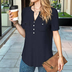 Enfärgad Blus i Bomull och Polyester med V - Ringning – Kortärmad för Vår och Sommar - STILUNA