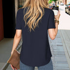 Enfärgad Blus i Bomull och Polyester med V - Ringning – Kortärmad för Vår och Sommar - STILUNA