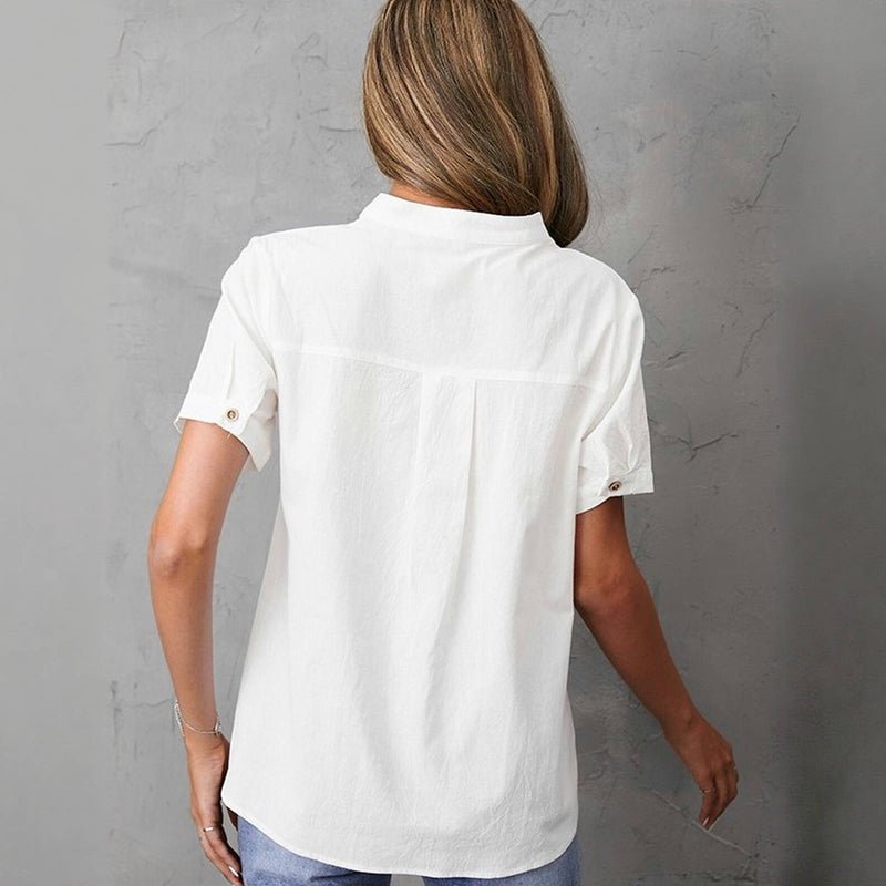Enfärgad Casual Blus i Bomull och Polyester – Kortärmad med Ståkrage - STILUNA