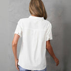 Enfärgad Casual Blus i Bomull och Polyester – Kortärmad med Ståkrage - STILUNA