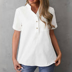 Enfärgad Casual Blus i Bomull och Polyester – Kortärmad med Ståkrage - STILUNA