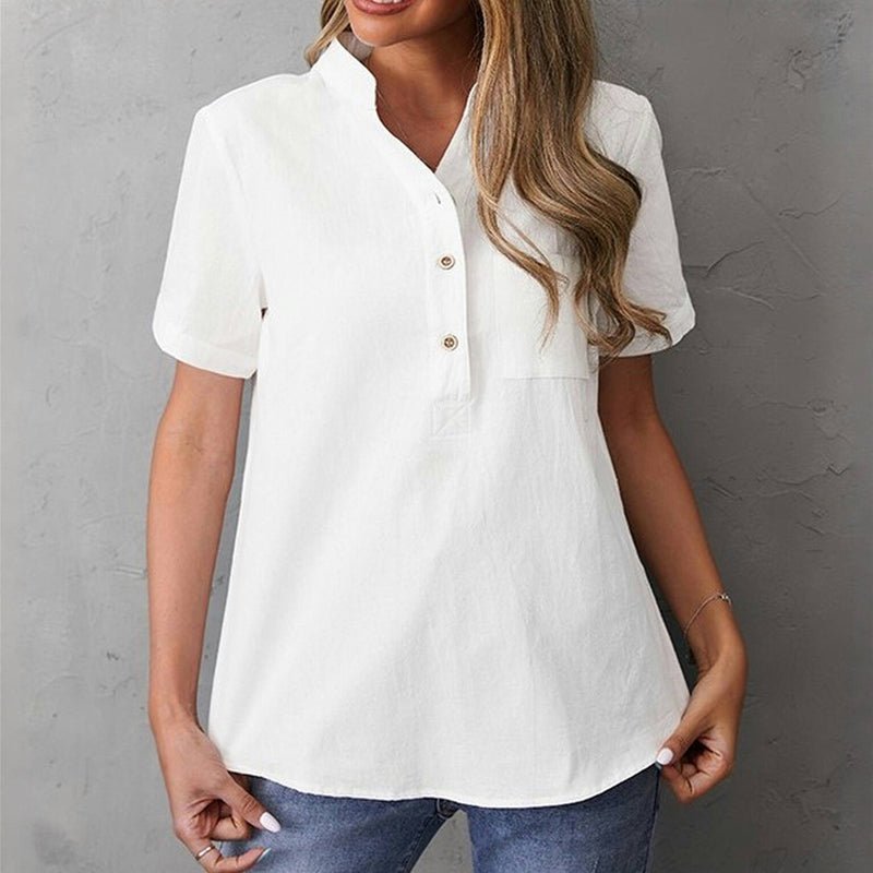 Enfärgad Casual Blus i Bomull och Polyester – Kortärmad med Ståkrage - STILUNA