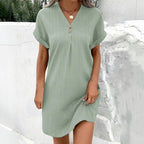 Enfärgad Vintageklänning i Bomullspolyester med V - ringning – Kort Ärmar för Vår och Sommar - STILUNA