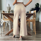 Enfärgade Långa Byxor i Bomull och Polyester med Elastisk Midja - STILUNA