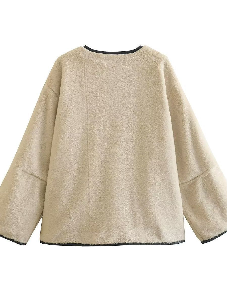 Stilfull Imitationpälsjacka med Rund Hals och Löst Skärning för Kvinnor