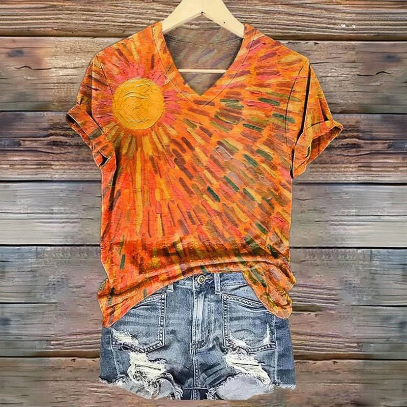 Färgglad Abstrakt T-Shirt i Bomull och Polyester – Kortärmad V - Ringning - STILUNA