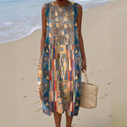 Färgglad Midi Klänning i Bomull och Polyester med Geometriskt Mönster - STILUNA