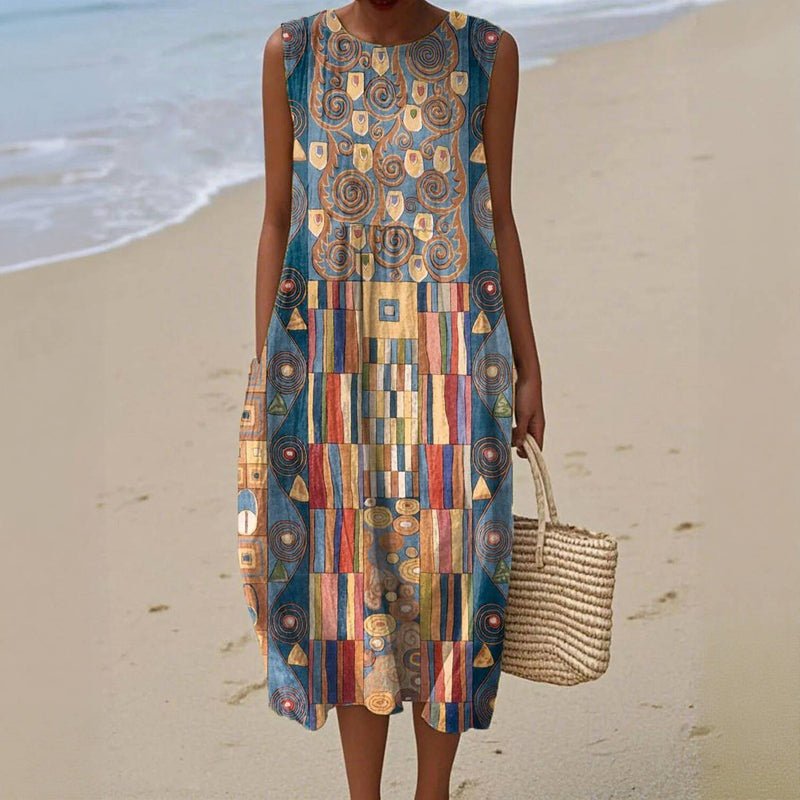 Färgglad Midi Klänning i Bomull och Polyester med Geometriskt Mönster - STILUNA