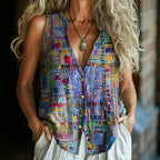 Färgglad Vintage Blus för Dam i Bomull och Polyester med V - Ringning och Knappar - Ärmlös Design för Vår och Sommar - STILUNA